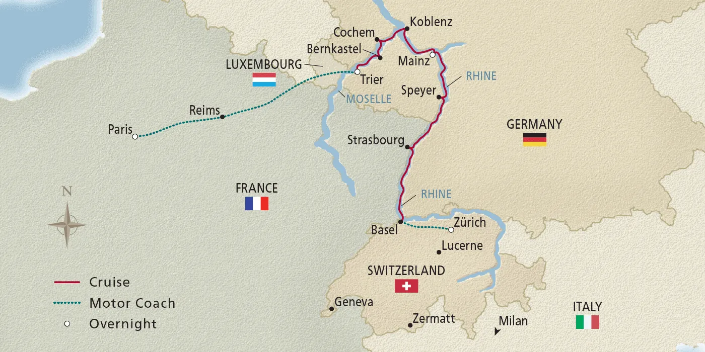 Map of Paris to the Swiss Alps itinerary