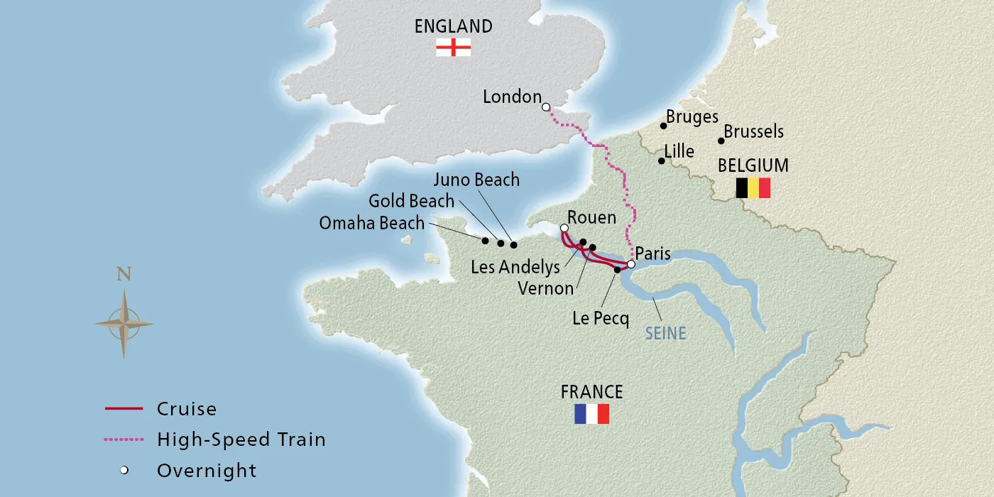 Map of Paris & D-Day 80th Anniversary itinerary