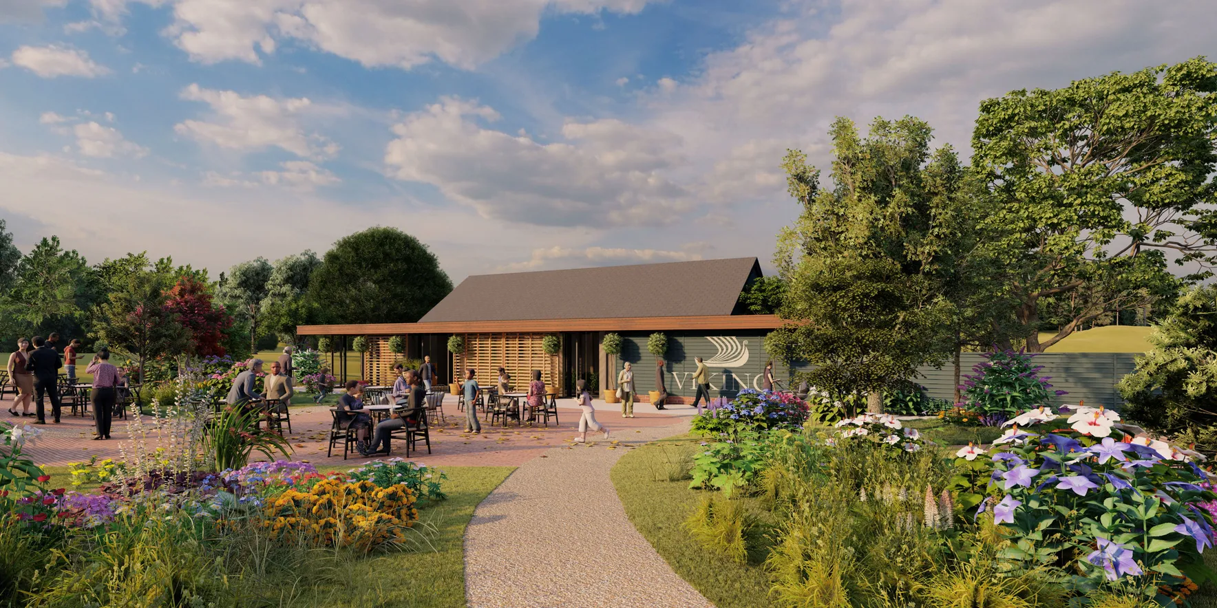 Outdoor café with garden seating area