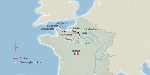 Paris and the Heart of Normandy cruise map